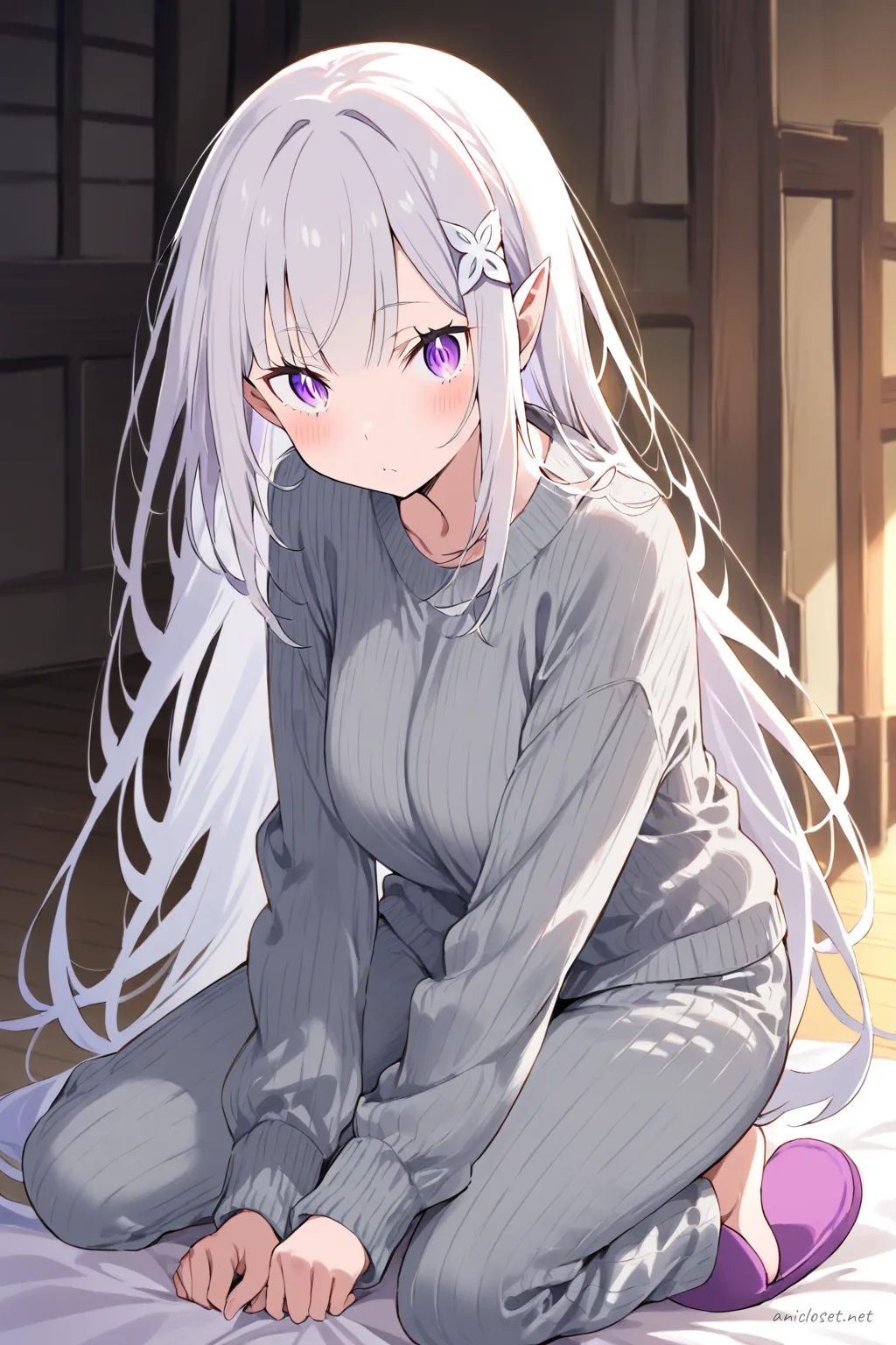 Illustration of Emilia from Re:Zero wearing a gray knit sweater and lounge pants set, shown knee-up with soft studio lighting