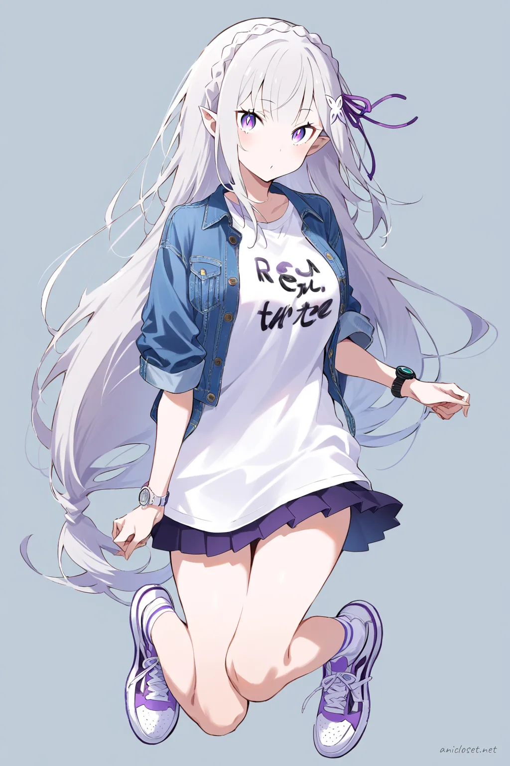 Full-body illustration of Emilia from Re:Zero wearing a denim jacket, graphic tee, pleated skirt, white sneakers, and ankle socks, standing against a simple studio background.