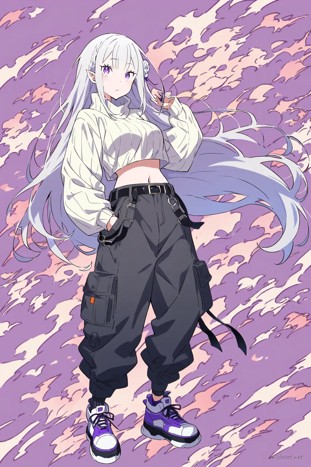 Full-body illustration of Emilia from Re:Zero wearing a cropped ribbed knit sweater and loose cargo pants with chunky sneakers, standing against a clean studio backdrop
