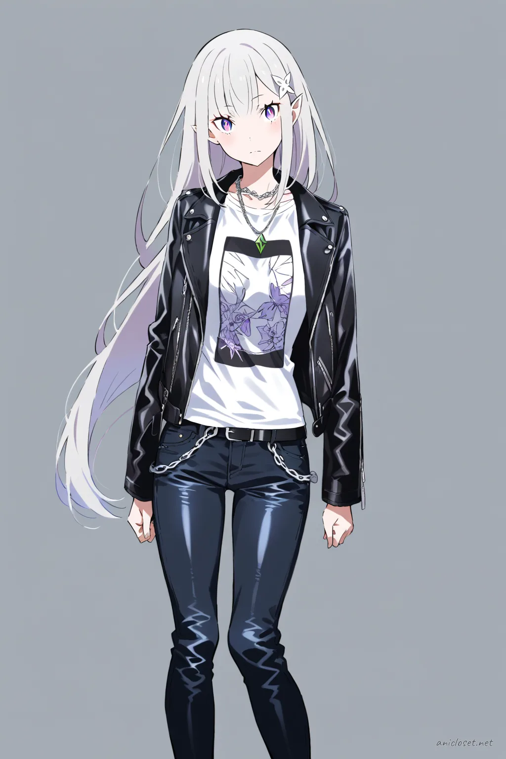 Full-body illustration of Emilia in a black leather jacket, white graphic tee, black skinny jeans, and black ankle boots against a clean studio background