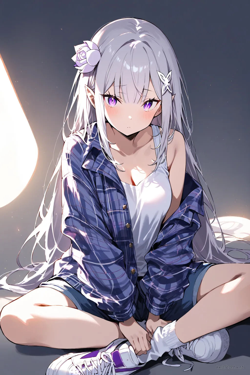 Illustration of Emilia from Re:Zero wearing a layered plaid shirt over a white tank top, denim shorts, white ankle socks, and white sneakers in soft studio lighting