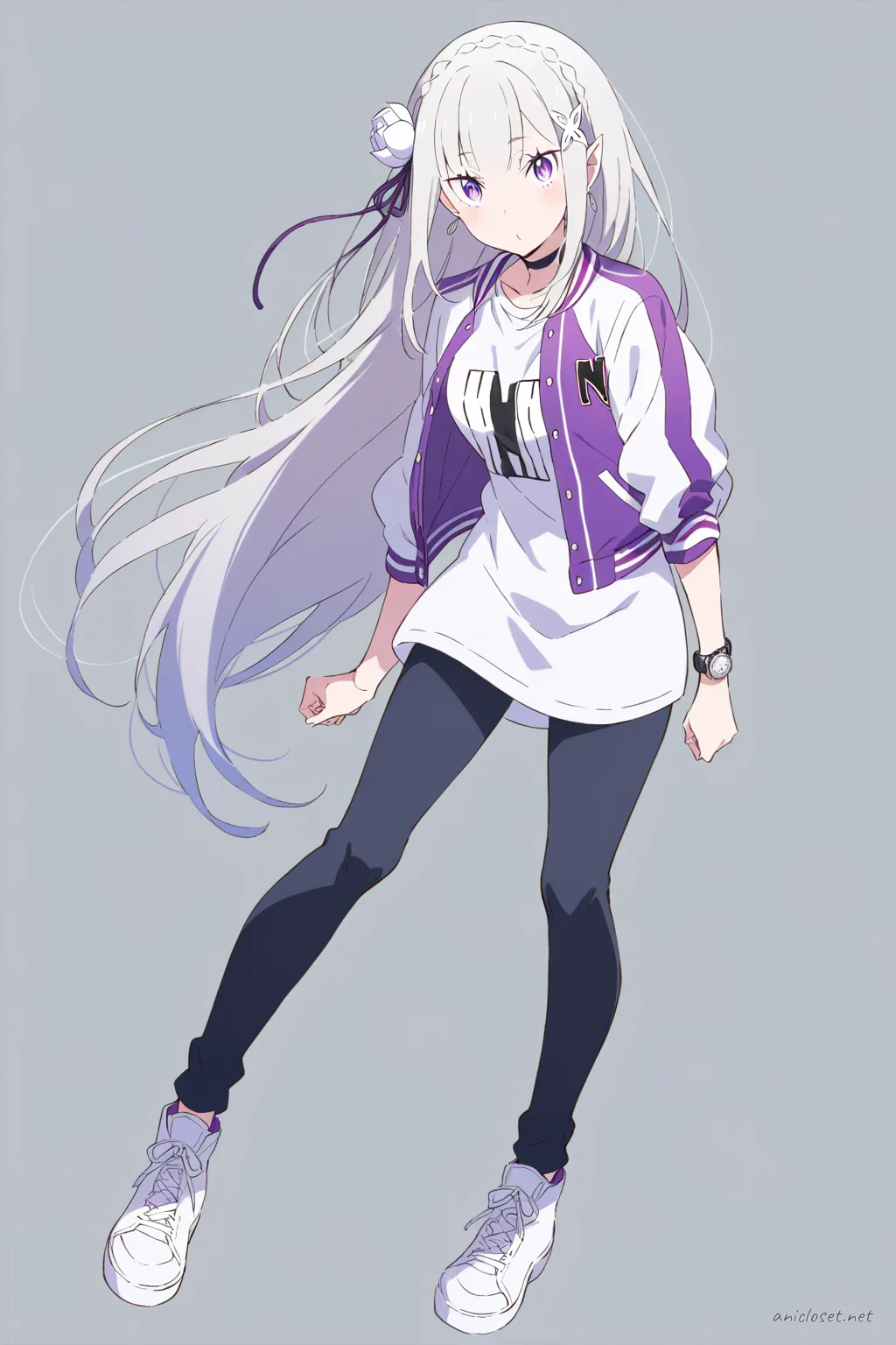 Full-body illustration of Emilia from Re:Zero wearing a varsity jacket, white graphic t-shirt, black skinny jeans, white sneakers, black choker, and silver hoop earrings against a simple studio background