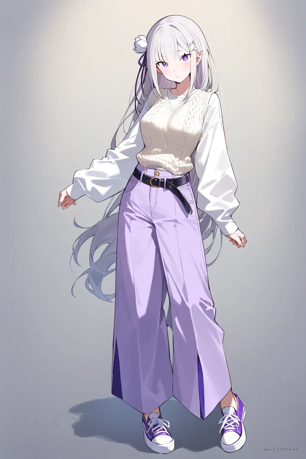 Full-body illustration of Emilia in knit vest, white long-sleeve shirt, wide-leg pants, and slip-on sneakers on clean studio backdrop