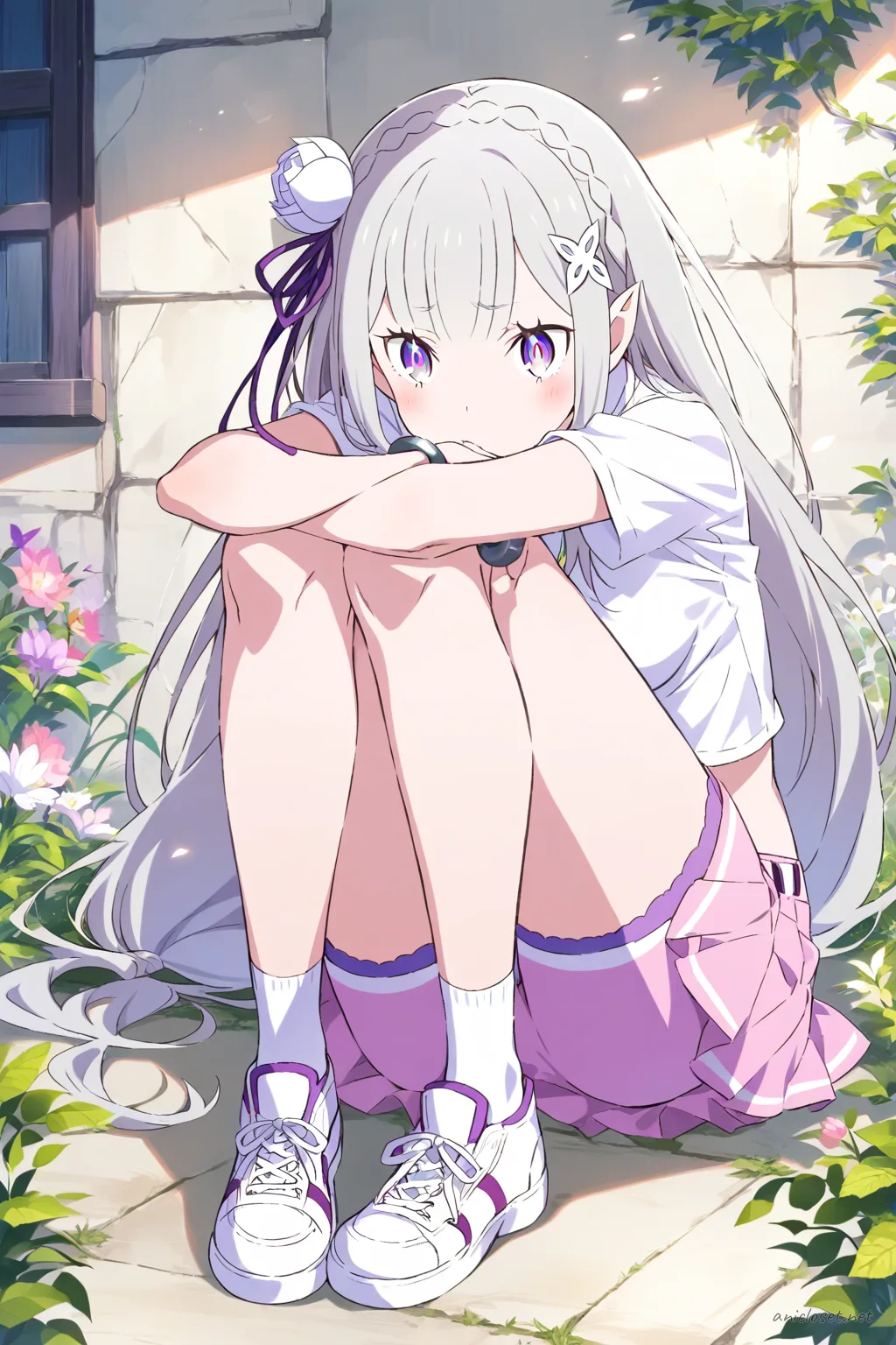 Knee-up half-body illustration of Emilia wearing a white fitted t-shirt, pastel pink tennis skirt, white ankle socks, and white low-top sneakers against a clean studio background
