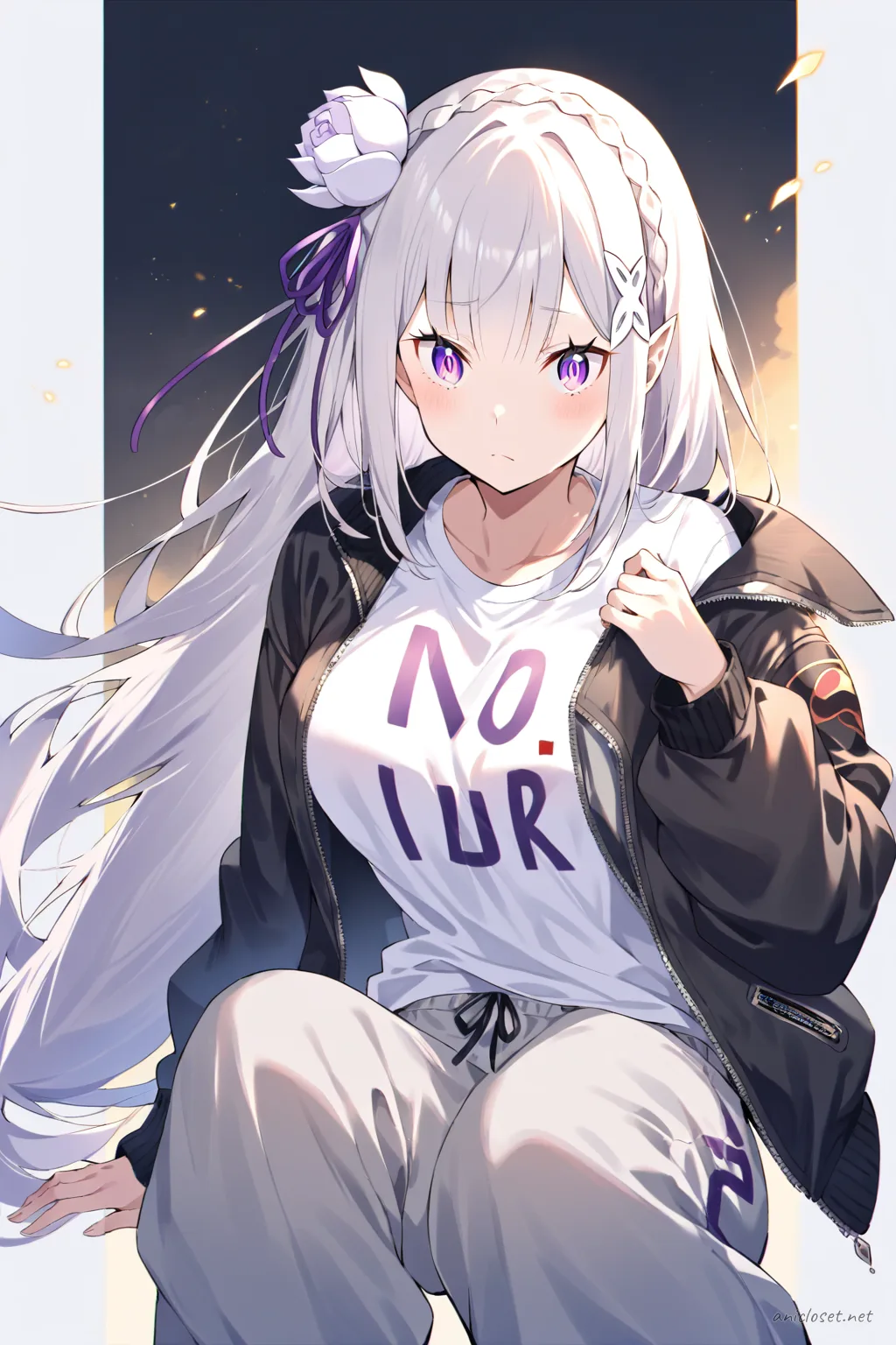 Full-body three-quarter view illustration of Emilia from Re:Zero wearing a black zip-up bomber jacket, white graphic t-shirt, grey relaxed fit joggers with elastic cuffs, white sneakers, ankle socks, crossbody bag, simple stud earrings, and a casual watch against a clean studio background