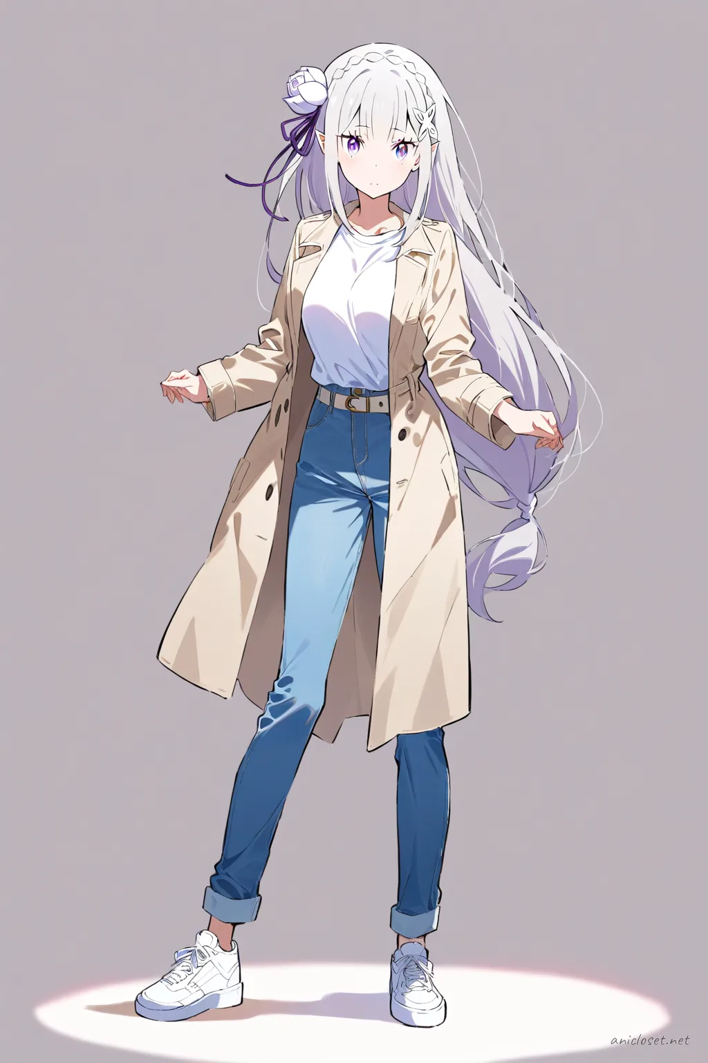 Full-body illustration of Emilia from Re:Zero wearing a minimal beige trench coat, light blue jeans, white t-shirt, beige belt, and white sneakers, standing on a clean studio background