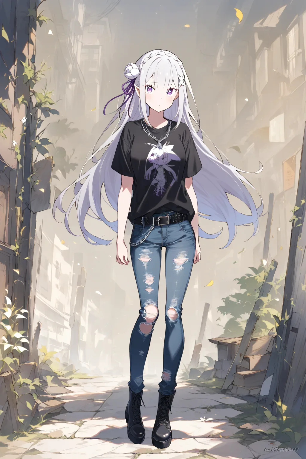 Full-body illustration of Emilia in street casual outfit with black band t-shirt, ripped light blue skinny jeans, black leather combat boots, silver chain necklace, and black leather belt, standing against a clean studio backdrop