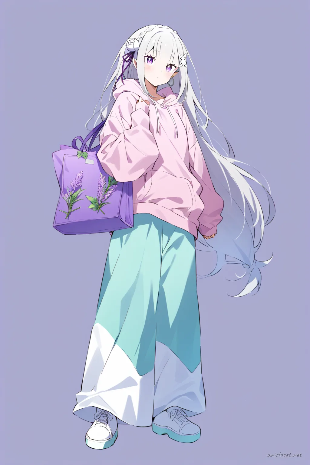 Full-body three-quarter view of Emilia in pastel pink oversized hoodie, mint green wide-leg pants, white platform sneakers, and lavender tote bag against a clean studio background