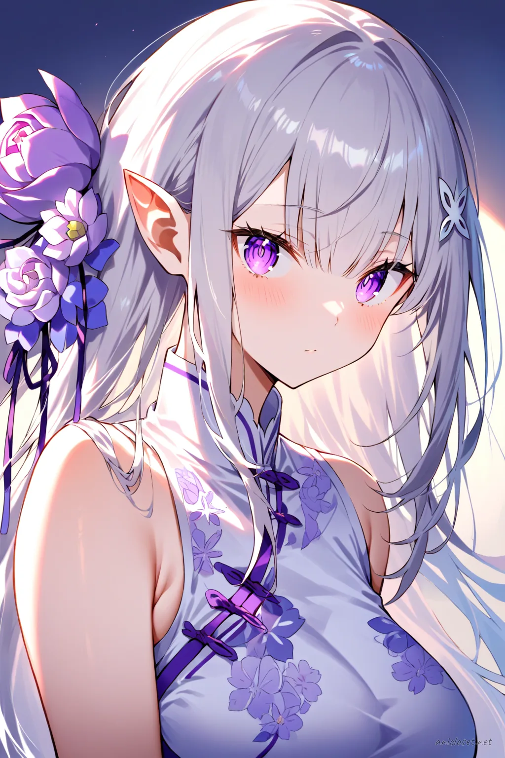 Illustration of Emilia from Re:Zero wearing a navy cheongsam with subtle floral embroidery, high collar, sleeveless design, and side slit, shown knee-up with soft studio lighting
