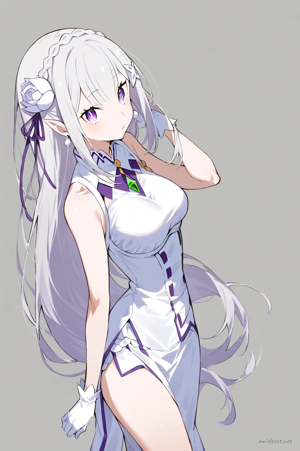 Full-body three-quarter view of Emilia wearing a white silk qipao with high collar, sleeveless design, side slit, and white silk gloves against a clean studio background