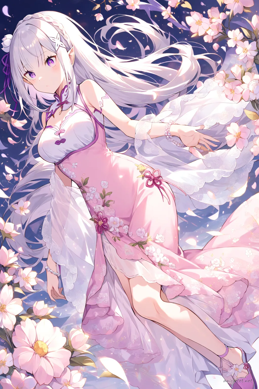Full-body illustration of Emilia in pastel pink qipao with floral embroidery, sheer chiffon overlay, standing pose on clean studio backdrop
