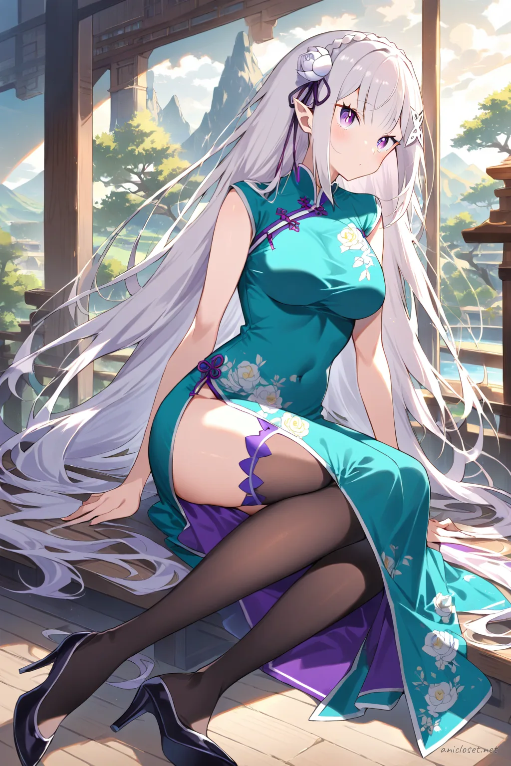 Full-body three-quarter view of Emilia wearing a teal modern cut qipao with high slit, sleeveless design, black stiletto heels, sheer black stockings, silver bracelet, and small clutch bag against a simple studio background