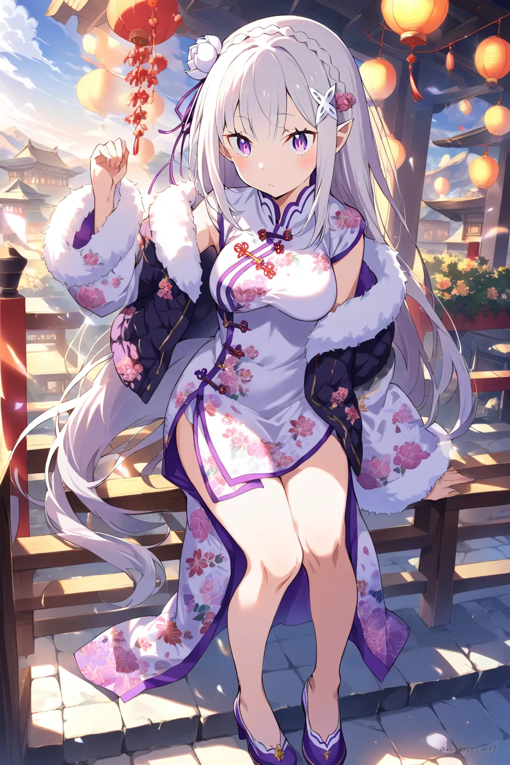 Emilia from Re:Zero wearing a winter long-sleeve qipao with floral embroidery and a short padded jacket, standing in a clean studio setting