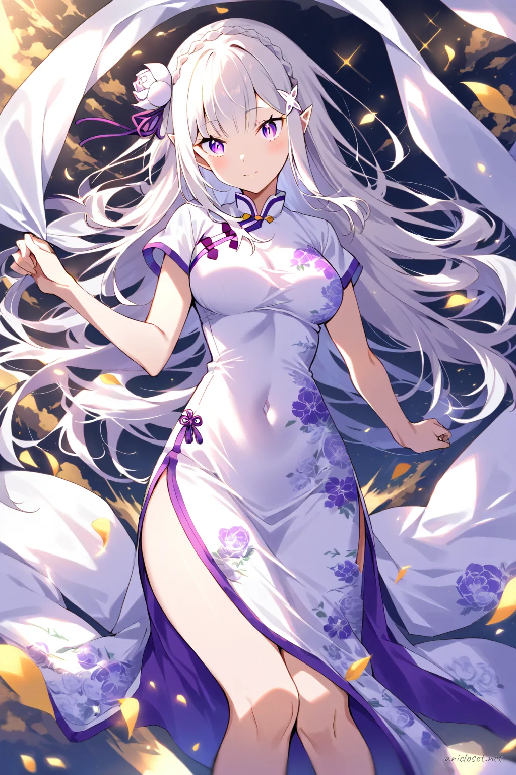 Full-body three-quarter view illustration of Emilia wearing a short-sleeve summer qipao with floral embroidery, mandarin collar, fitted waist, and white ankle strap heels on a simple studio background
