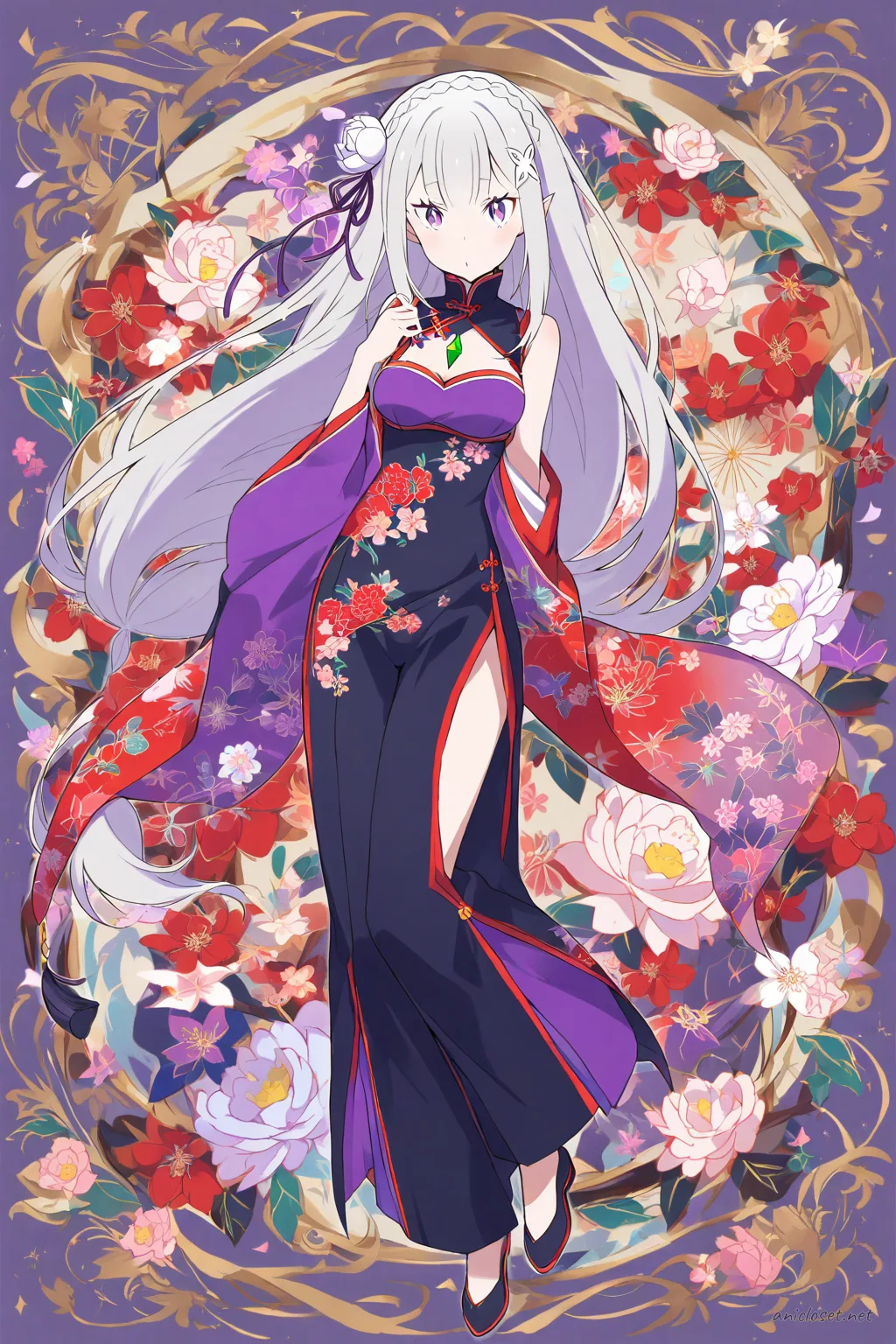 Half-body illustration of Emilia from Re:Zero wearing a modest qipao and wide-leg trousers fusion with floral embroidery under soft studio lighting