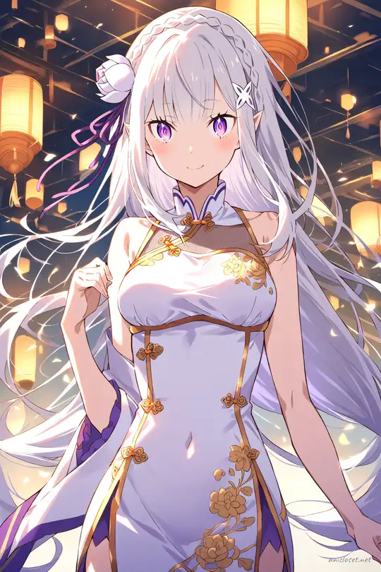 Full-body three-quarter view of Emilia wearing a sleeveless gold-accent evening qipao with floral embroidery, sheer mesh panels, gold bangles, and black silk heels