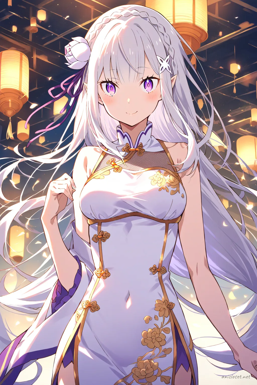 Full-body three-quarter view of Emilia wearing a sleeveless gold-accent evening qipao with floral embroidery, sheer mesh panels, gold bangles, and black silk heels