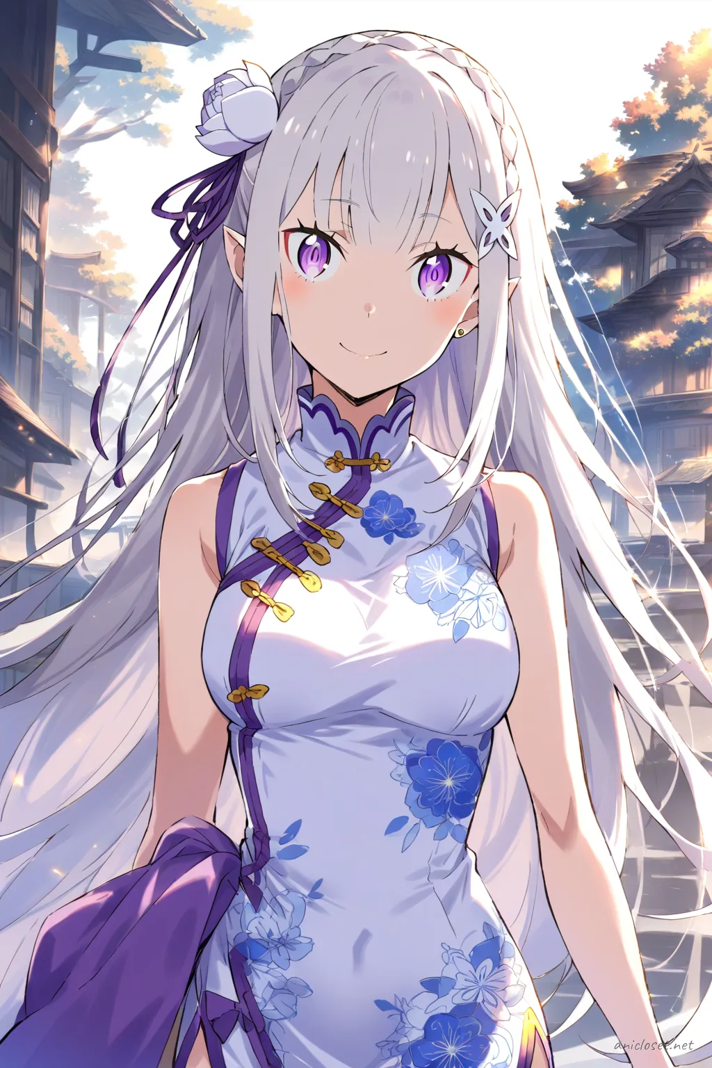 Illustration of Emilia from Re:Zero wearing a blue floral sleeveless qipao with gold trim and high slit, shown knee-up with soft studio lighting