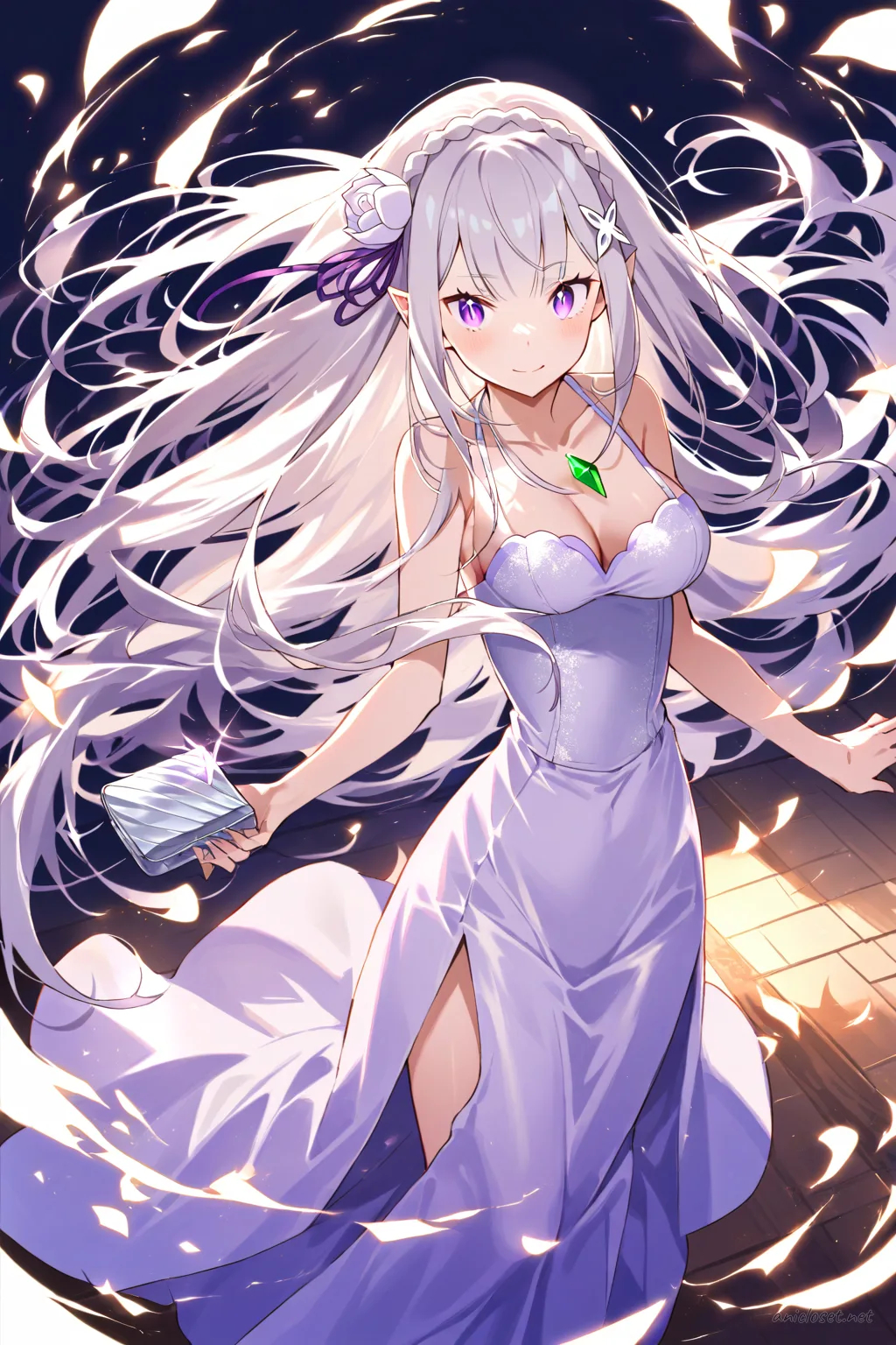 Full-body illustration of Emilia standing in a floor-length satin evening gown with silver clutch and strappy heels against a clean studio backdrop