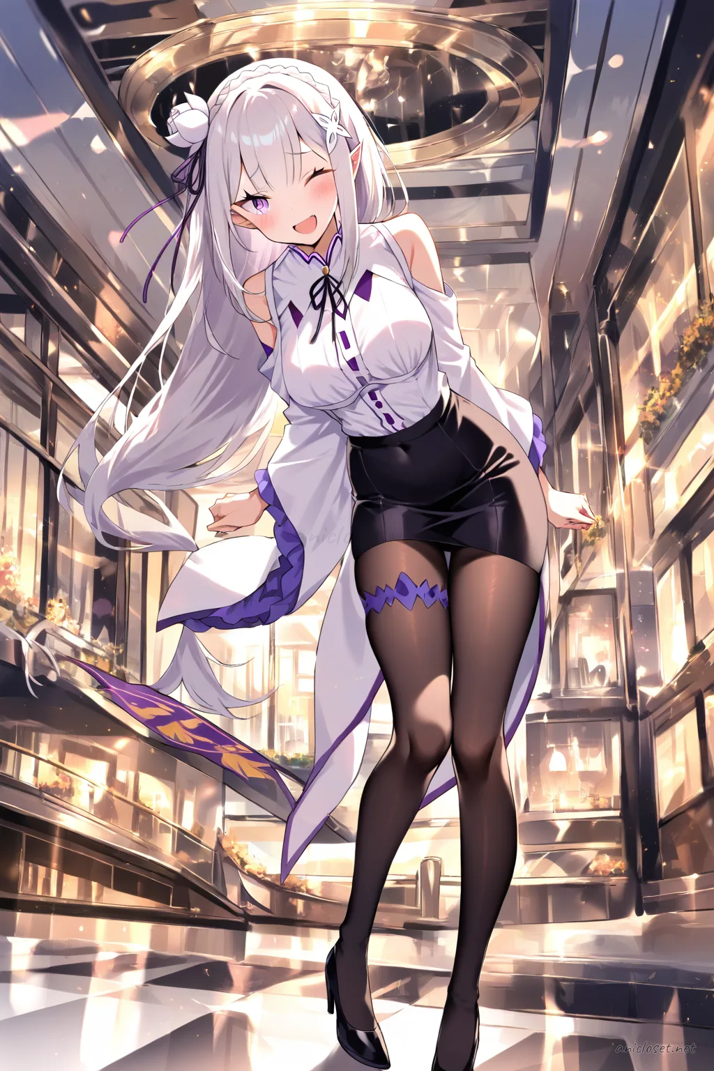 Illustration of Emilia wearing a black slim pencil skirt, white blouse with ribbon tie, sheer black tights, and black pumps, standing with arms crossed in a modern lobby