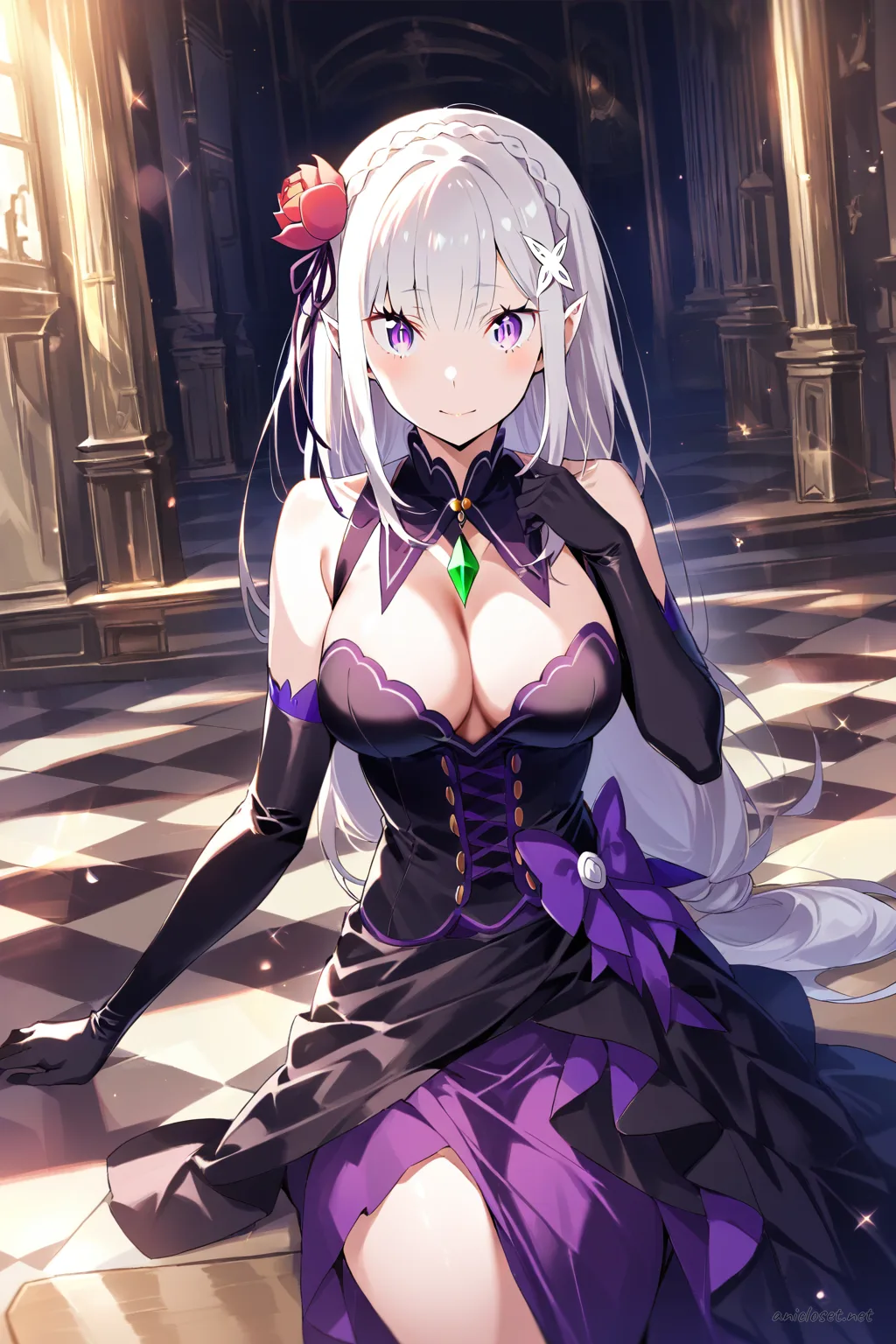 Full-body illustration of Emilia from Re:Zero wearing a black tie floor-length gown with elbow-length black gloves and black stilettos, standing against a clean studio backdrop