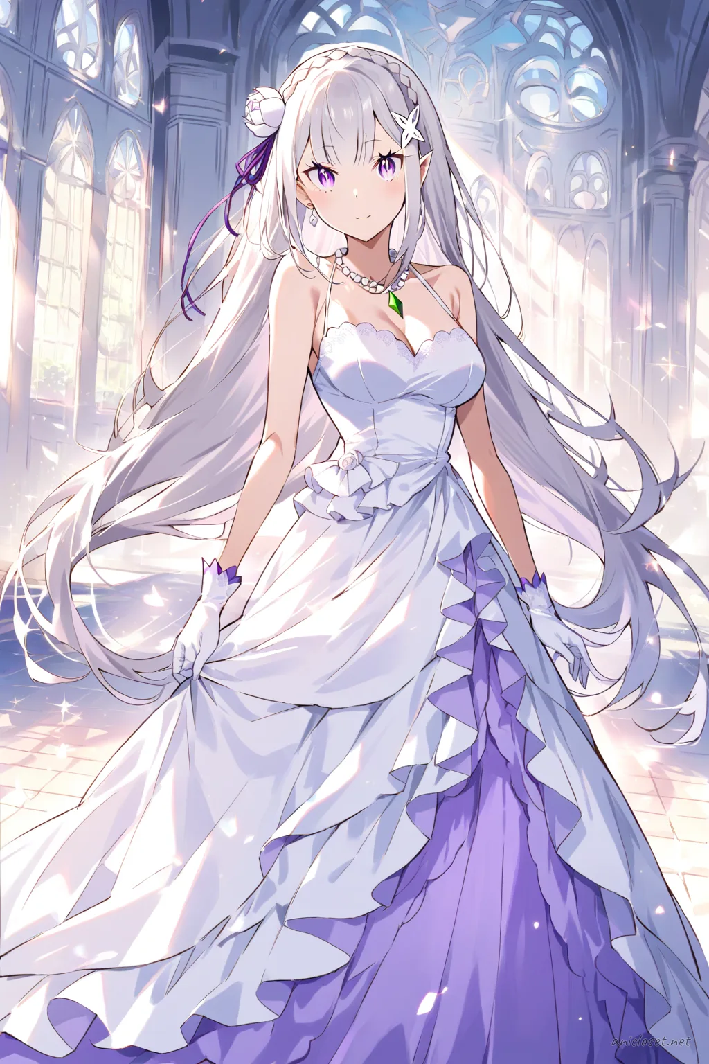 Full-body three-quarter view illustration of Emilia from Re:Zero wearing a white floor-length sleeveless evening gown with sweetheart neckline, pearl necklace, earrings, bracelet, white satin gloves, silver high heels, clutch purse, and elegant updo hairstyle against a clean studio background