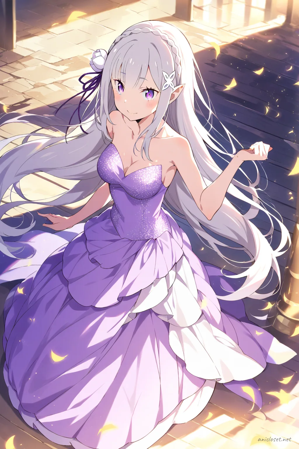 Knee-up half-body illustration of Emilia in a strapless mermaid silhouette evening dress with long opera gloves and clutch purse under soft studio lighting