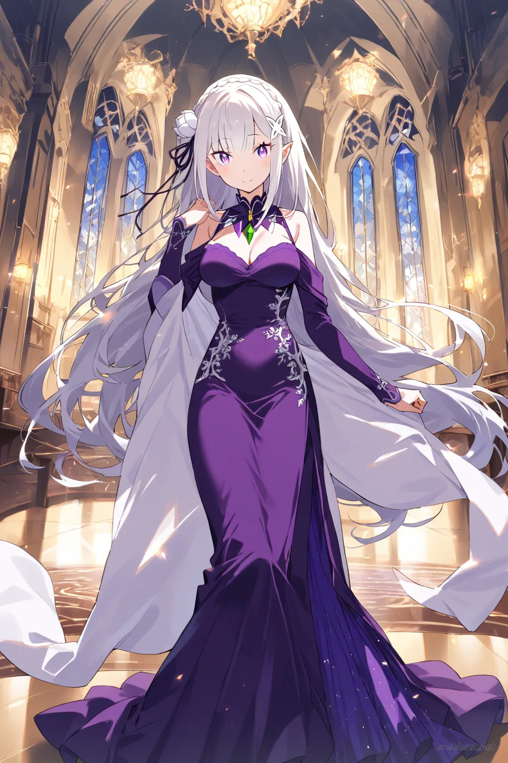 Full-body illustration of Emilia in a deep purple velvet formal gown with silver embroidery, standing in a clean studio backdrop, wearing elegant gloves, sheer shawl, closed-toe heels, pearl earrings, and holding a silver clutch bag