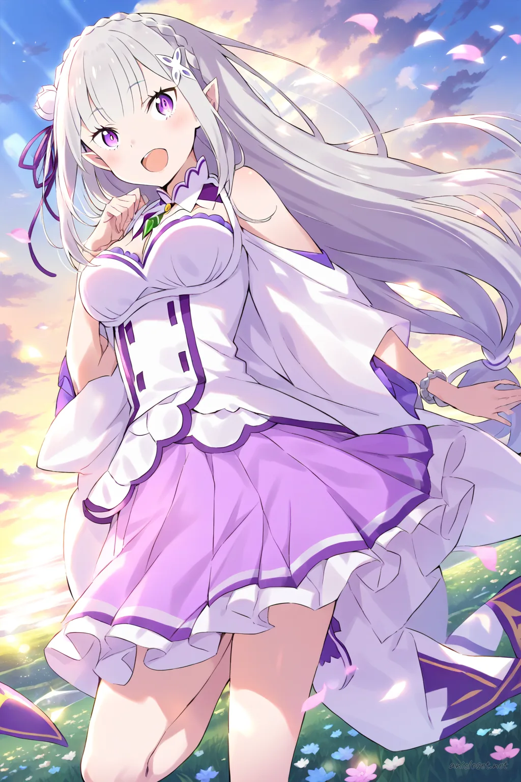 Illustration of Emilia from Re:Zero wearing a pastel sleeveless midi dress with sweetheart neckline and pearl necklace, shown knee-up with soft studio lighting