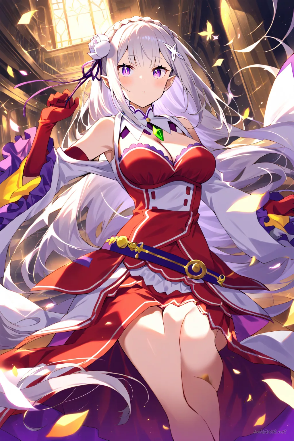 Full-body illustration of Emilia from Re:Zero wearing a floor-length red strapless gown with a dramatic train, jeweled waist belt, red opera gloves, silver high heels, and elegant updo hairstyle against a clean studio backdrop