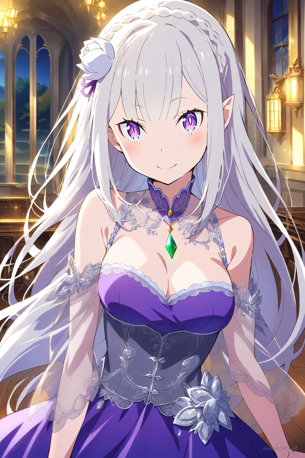 Full-body illustration of Emilia from Re:Zero wearing an off-shoulder formal evening gown with sheer lace sleeves and silver high-heeled sandals, standing against a clean studio backdrop