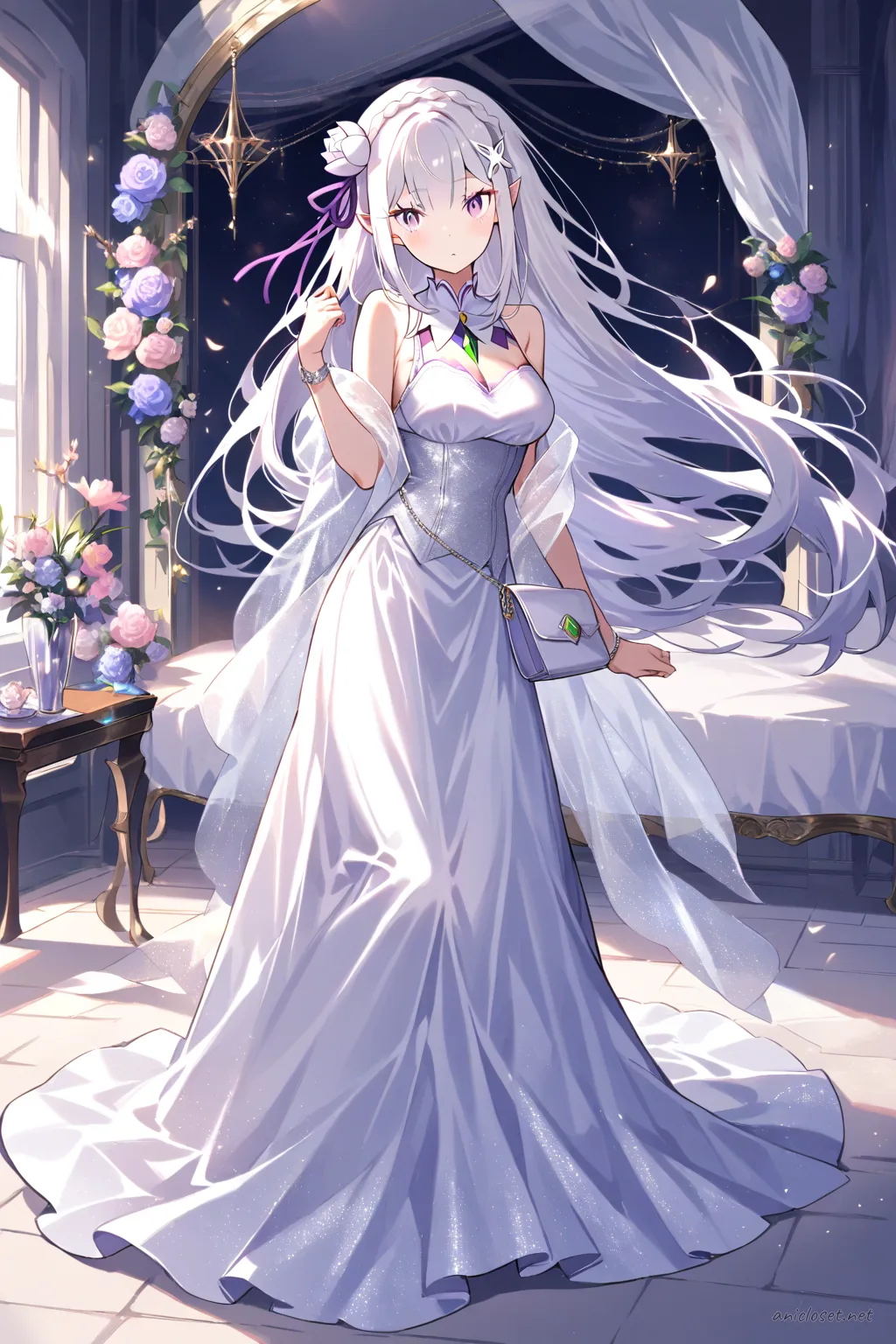 Knee-up half-body illustration of Emilia in a silver evening gown holding a clutch bag, soft studio lighting, clean background