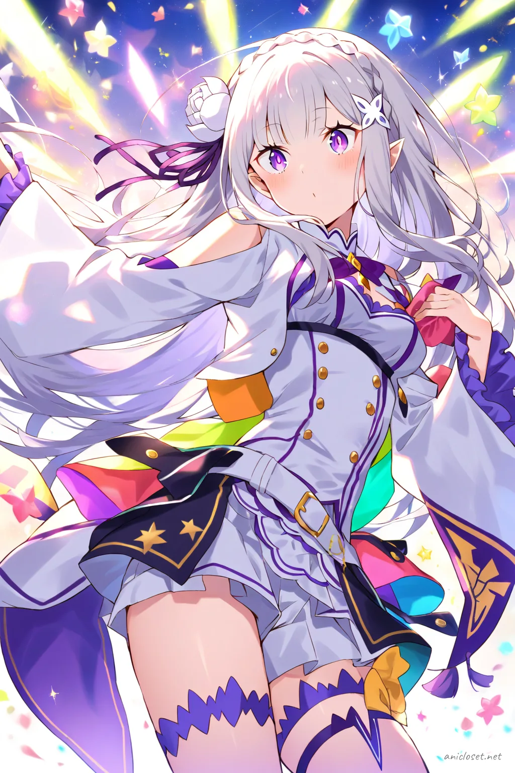 Illustration of Emilia from Re:Zero wearing a colorful idol jacket with decorative buttons and star patterns, paired with high-waisted shorts and thigh straps, shown knee-up with a stage microphone headset in soft studio lighting