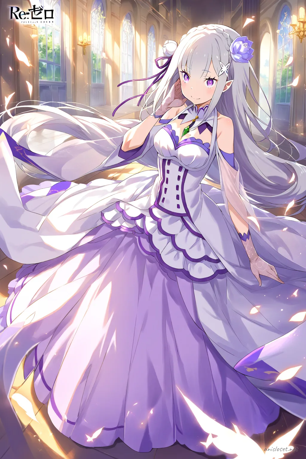 Illustration of Emilia from Re:Zero in a knee-up half-body pose wearing an elegant long sleeveless gown with a sweetheart neckline, fitted bodice, flowing skirt, sheer gloves, pearl necklace, crystal hair accessory, and high-heeled sandals under soft studio lighting
