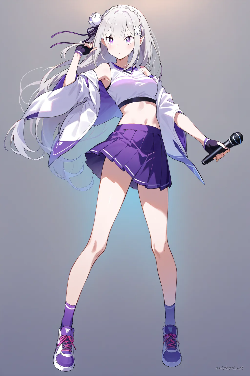 Full-body illustration of Emilia in sporty idol costume with mic, standing against a clean studio backdrop