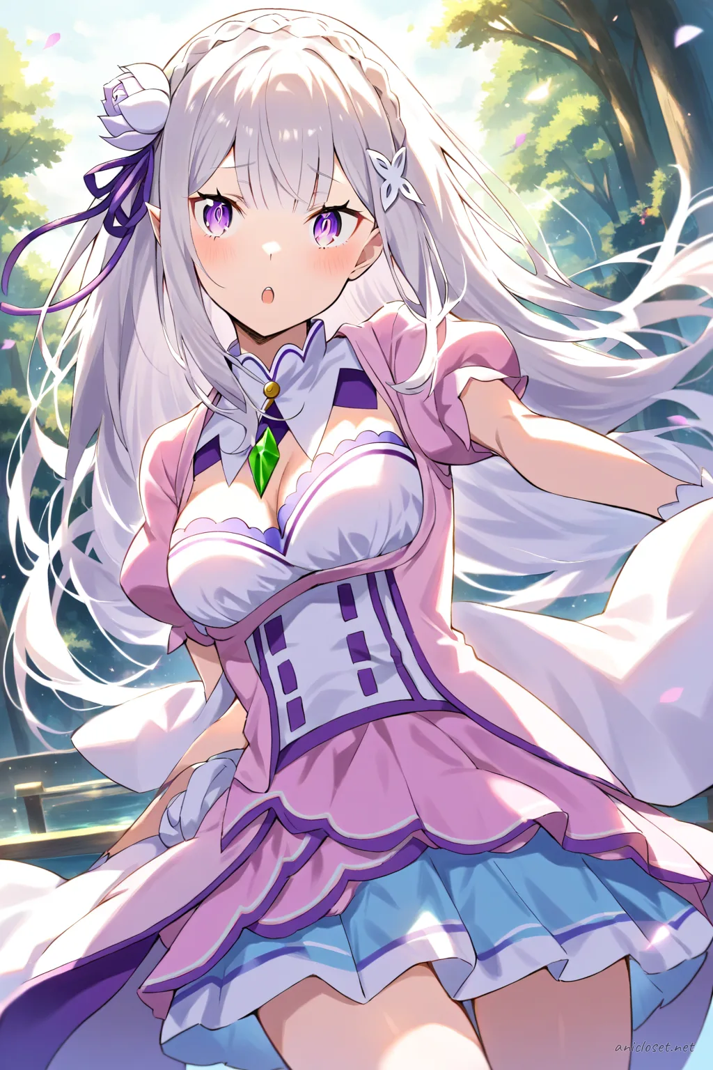 Full-body illustration of Emilia in pastel pink idol dress with twin ribbon hair accessories, standing against a clean studio backdrop