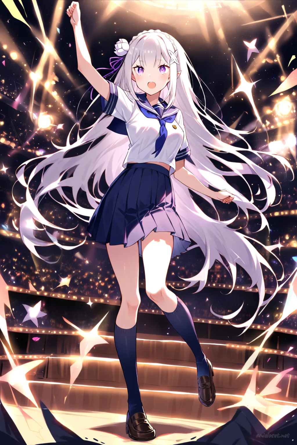 Knee-up half-body illustration of Emilia in a pastel school-idol inspired stage costume with sailor collar, ribbon necktie, pleated skirt, knee socks, and stage microphone headset