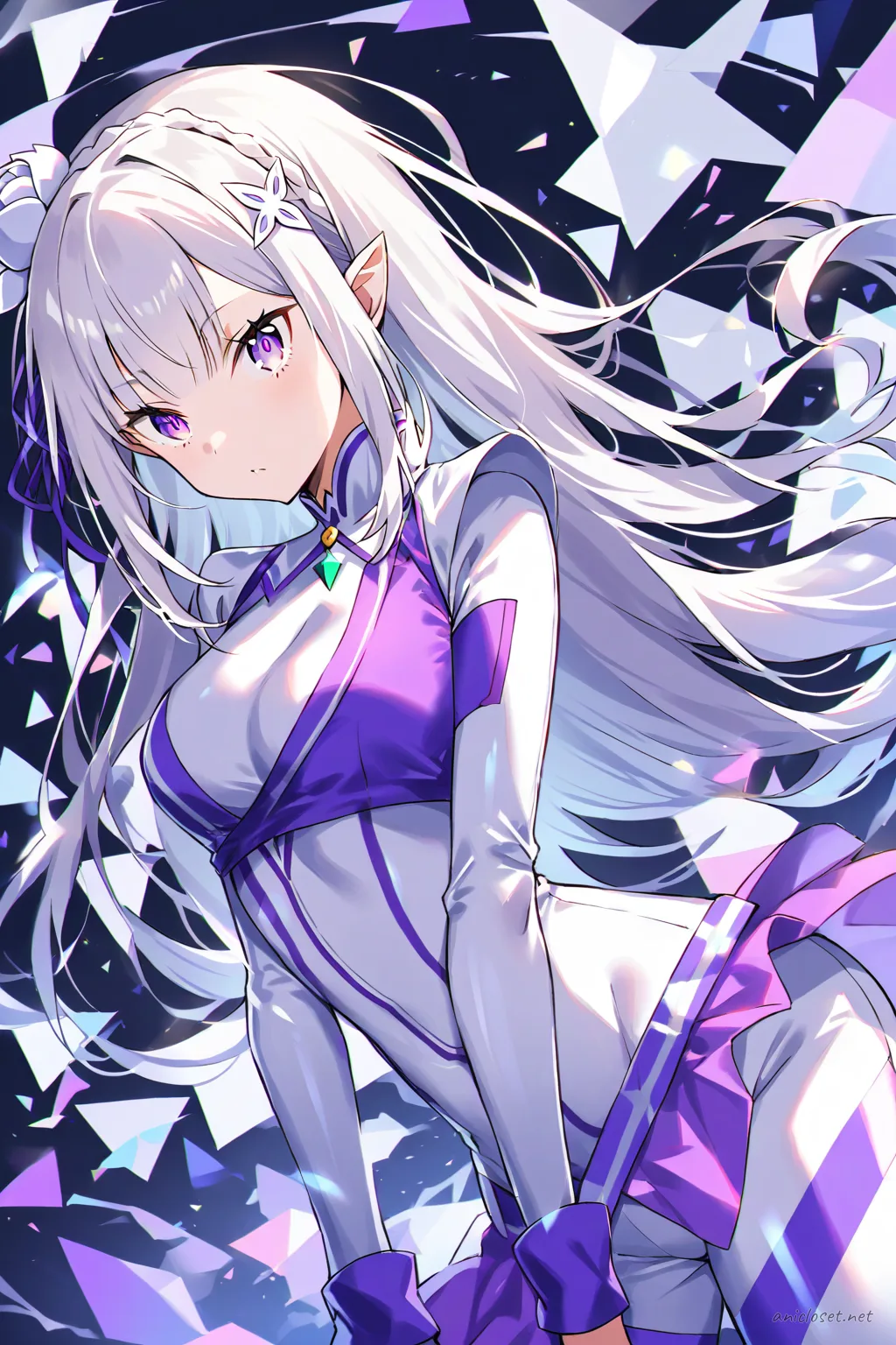 Knee-up half-body illustration of Emilia in a futuristic idol costume with metallic silver and white sleek bodysuit, high collar, and thigh-high boots under soft studio lighting