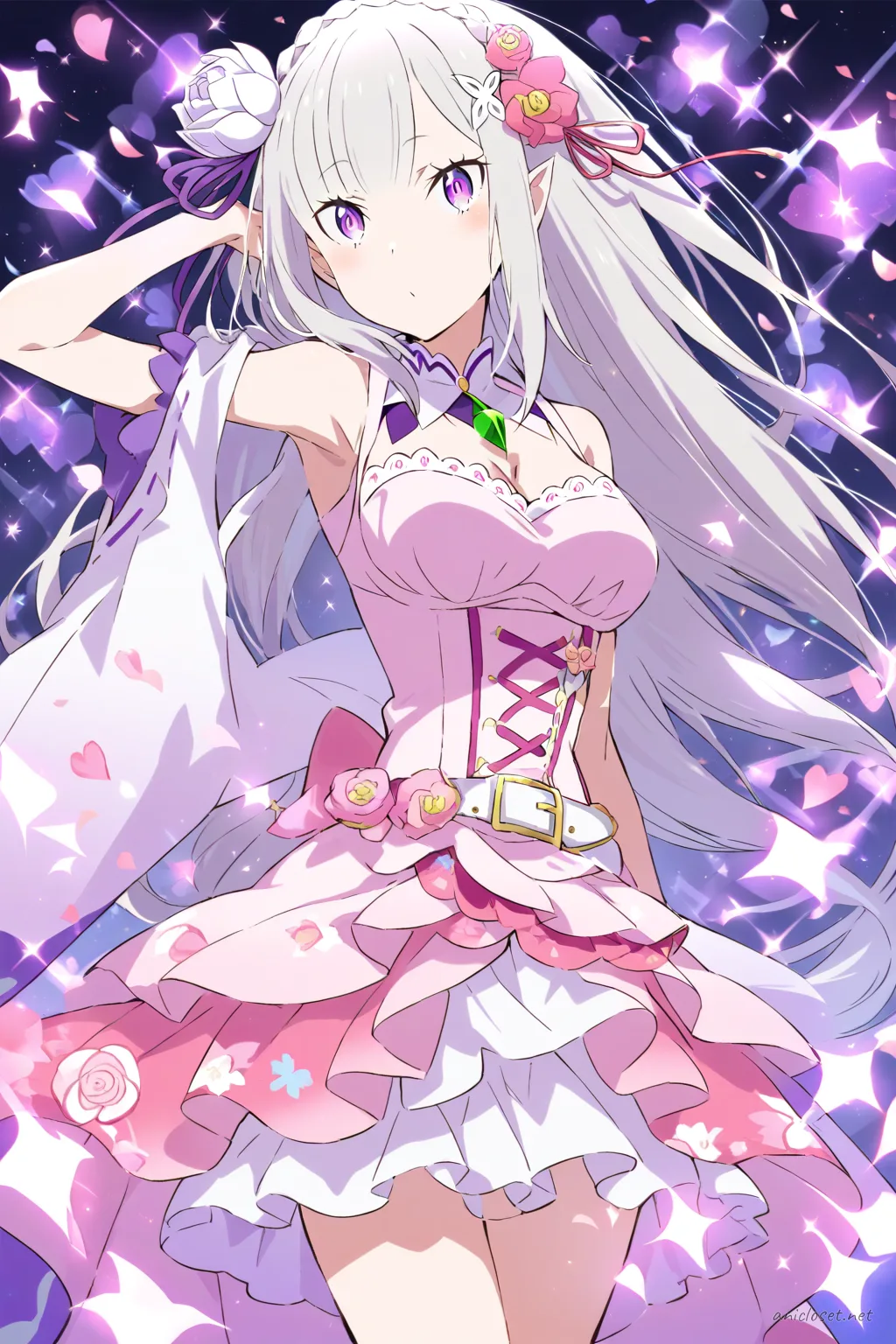 Full-body illustration of Emilia in a pastel pink and white floral motif idol dress with layered chiffon skirt, standing pose on clean studio background