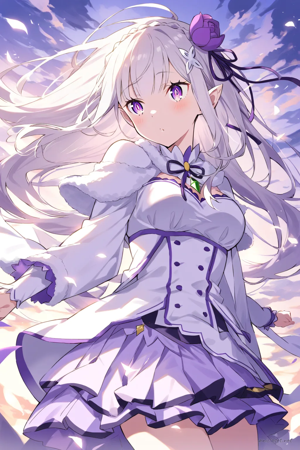 Full-body illustration of Emilia in a winter idol costume with white fur-trimmed capelet, silver and lavender dress, knee-high stockings, and heeled ankle boots, standing against a clean studio backdrop