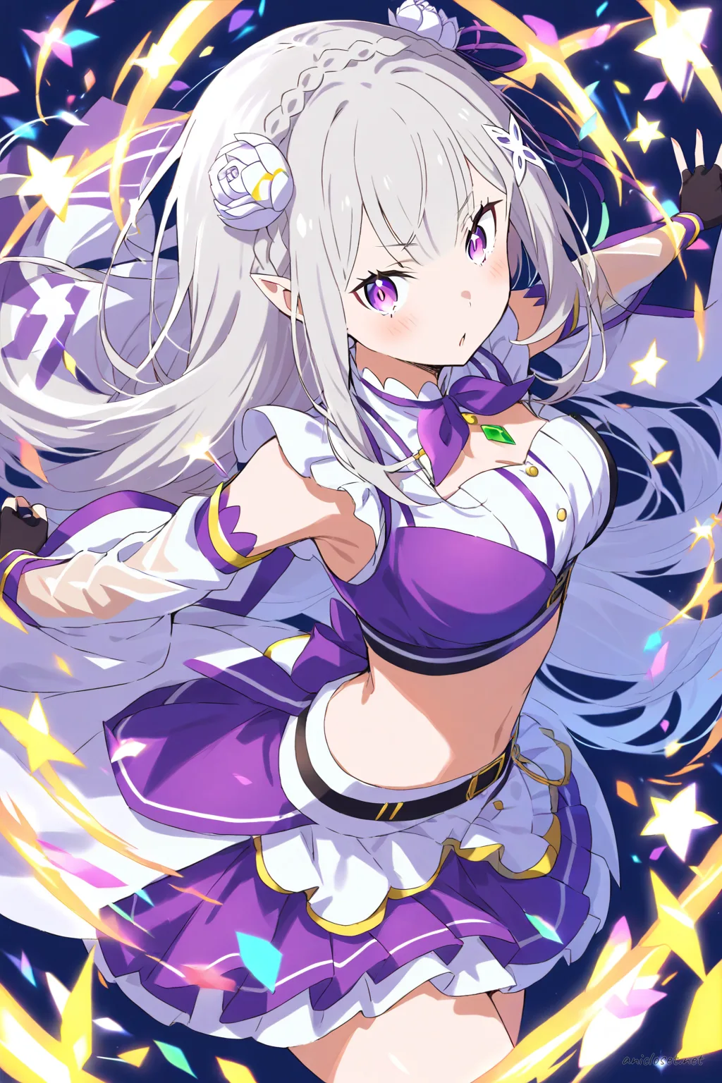 Full-body illustration of Emilia in a group-dance idol outfit with short pleated skirt, crop top, sheer arm sleeves, and platform shoes on a clean studio backdrop