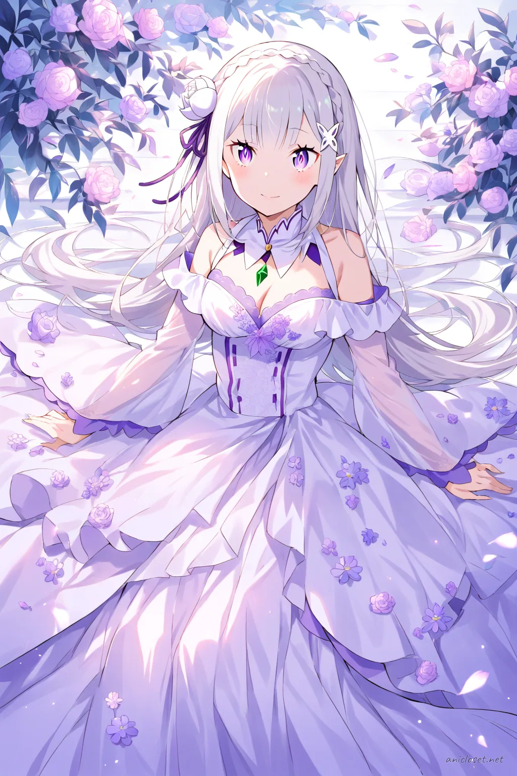 Illustration of Emilia from Re:Zero in an off-shoulder pastel lavender chiffon ball gown with sheer long sleeves and pearl accessories under soft studio lighting