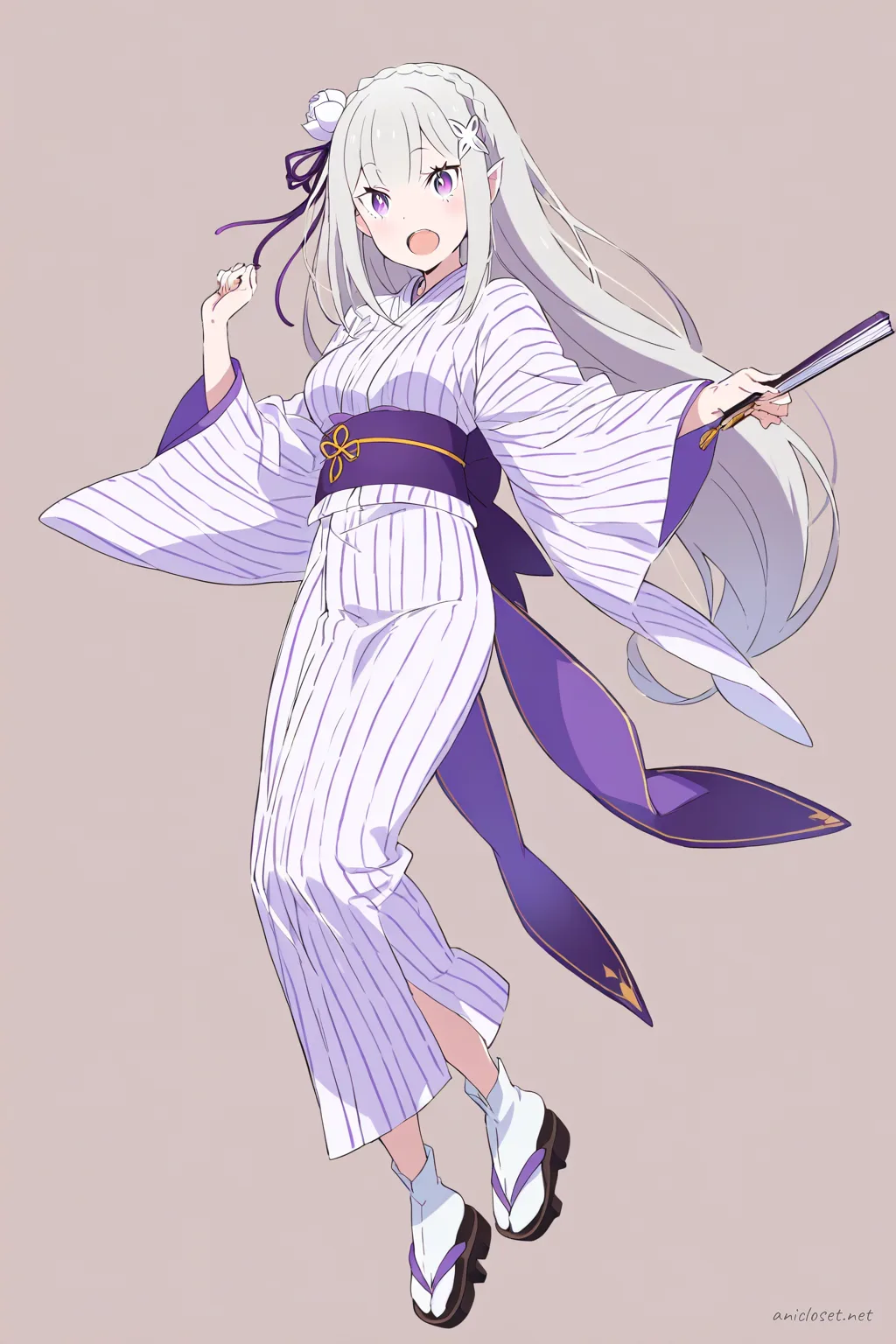 Knee-up half-body illustration of Emilia wearing a summer yukata with simple stripes, geta sandals, and holding a folded fan, set against a clean background with soft studio lighting