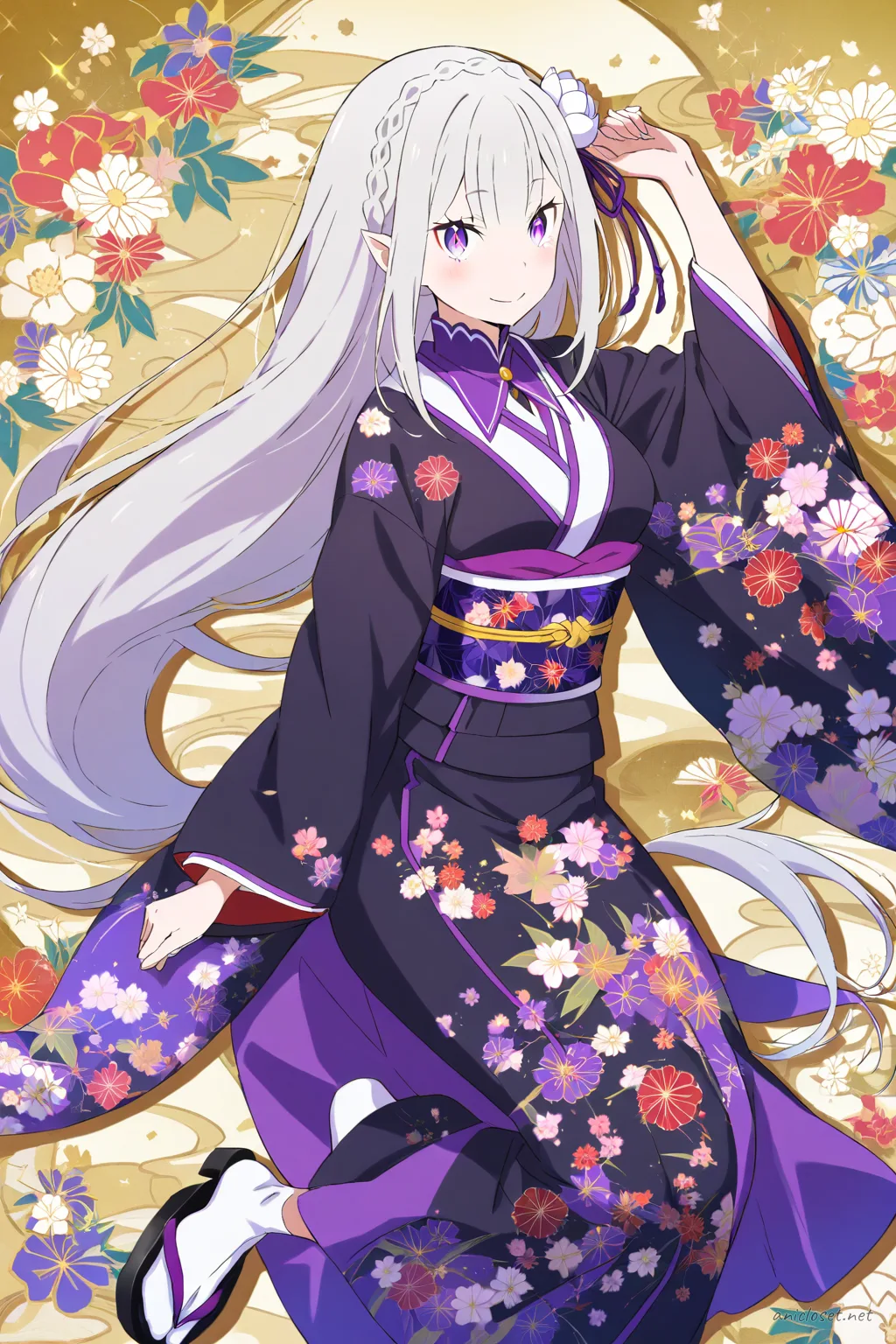 Full-body three-quarter view of Emilia wearing a dark formal kimono with subdued floral patterns, black obi, dark purple obiage and obijime, white juban collar, tabi socks, zori sandals, and traditional hairpin against a clean studio background