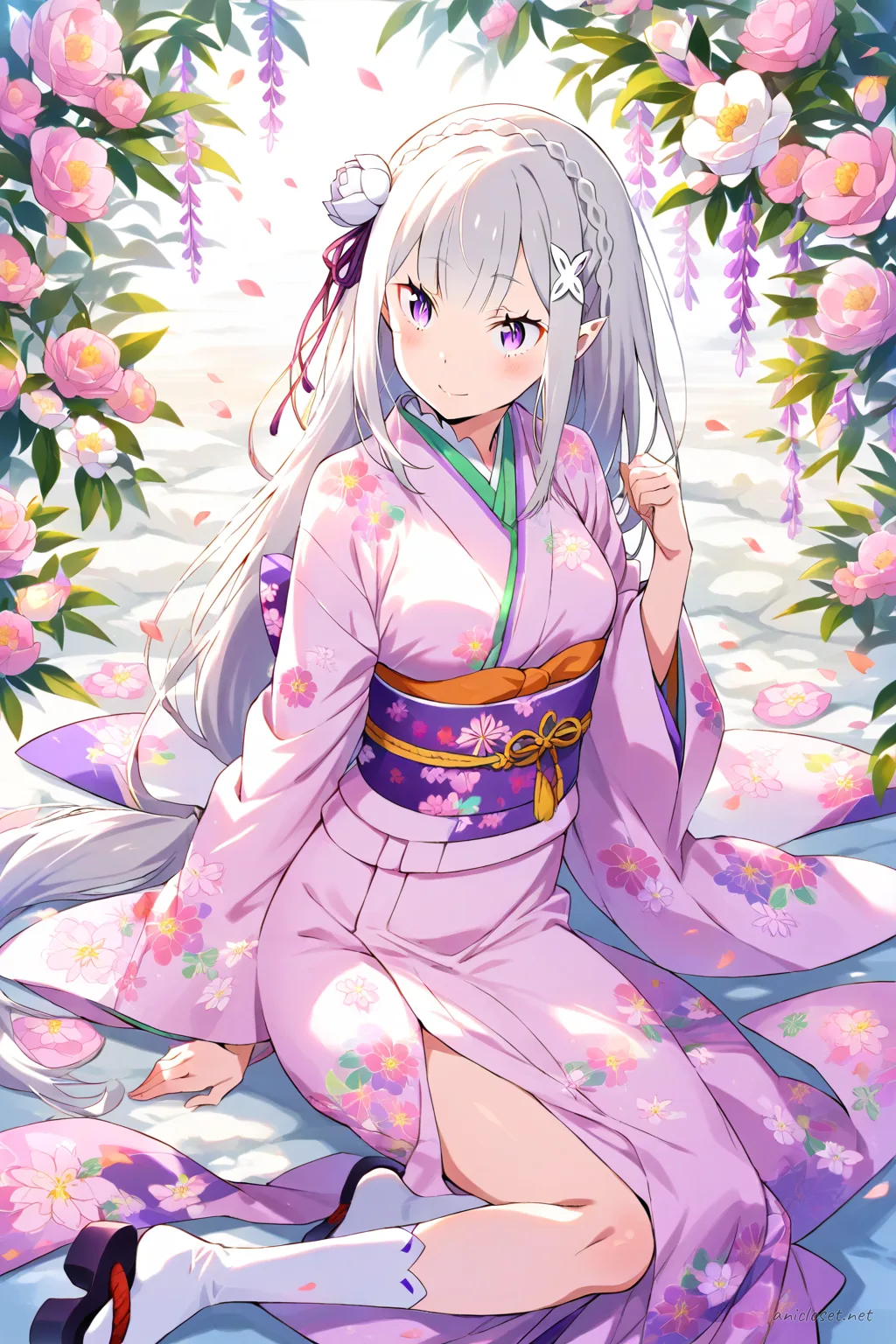 Knee-up half-body illustration of Emilia wearing a pastel pink kimono with soft spring floral patterns, light green obi, and flower hair ornament against a clean background