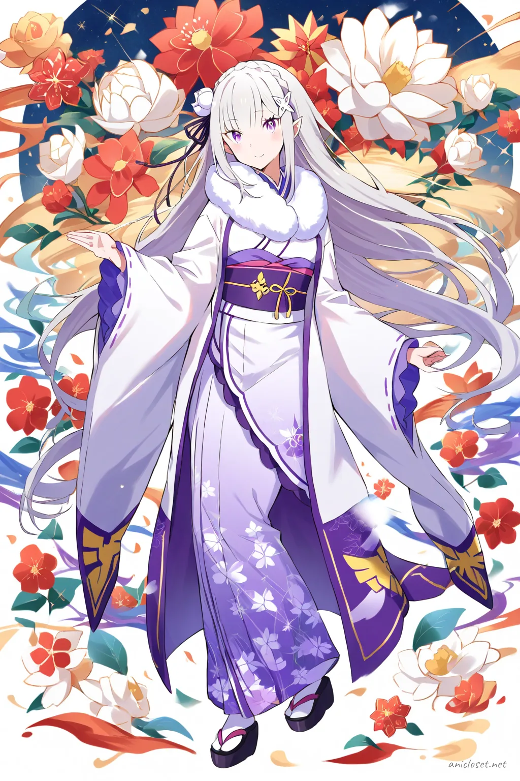 Full-body illustration of Emilia from Re:Zero wearing a winter kimono with haori coat, fur collar, layered floral pattern, obi belt, tabi socks, and zori sandals, standing against a clean studio backdrop
