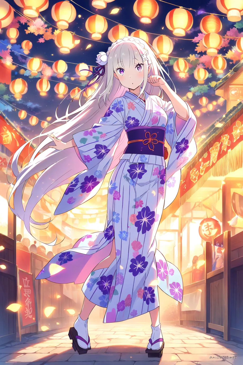 Half-body illustration of Emilia wearing a bright floral pink and yellow yukata with wide obi belt and festival hairpin, holding a wrist fan, set against a clean background with soft lighting