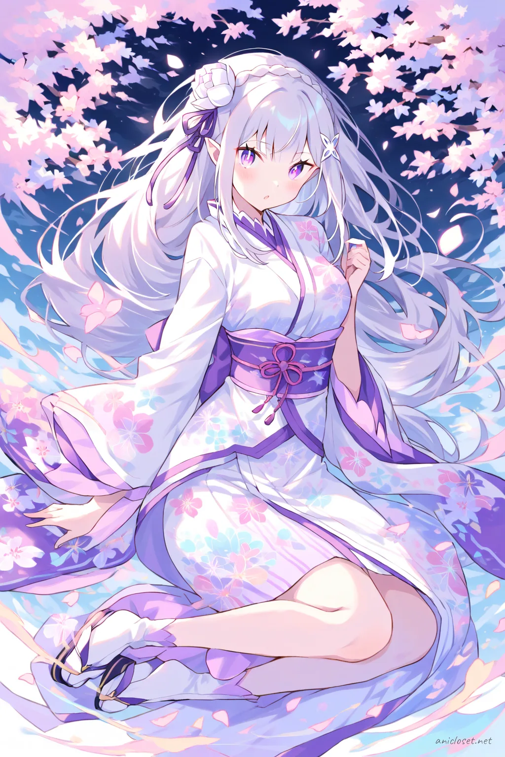 Full-body illustration of Emilia wearing a modern floral kimono with long sleeves and an asymmetric obi, standing in a clean studio with tabi socks and zori sandals