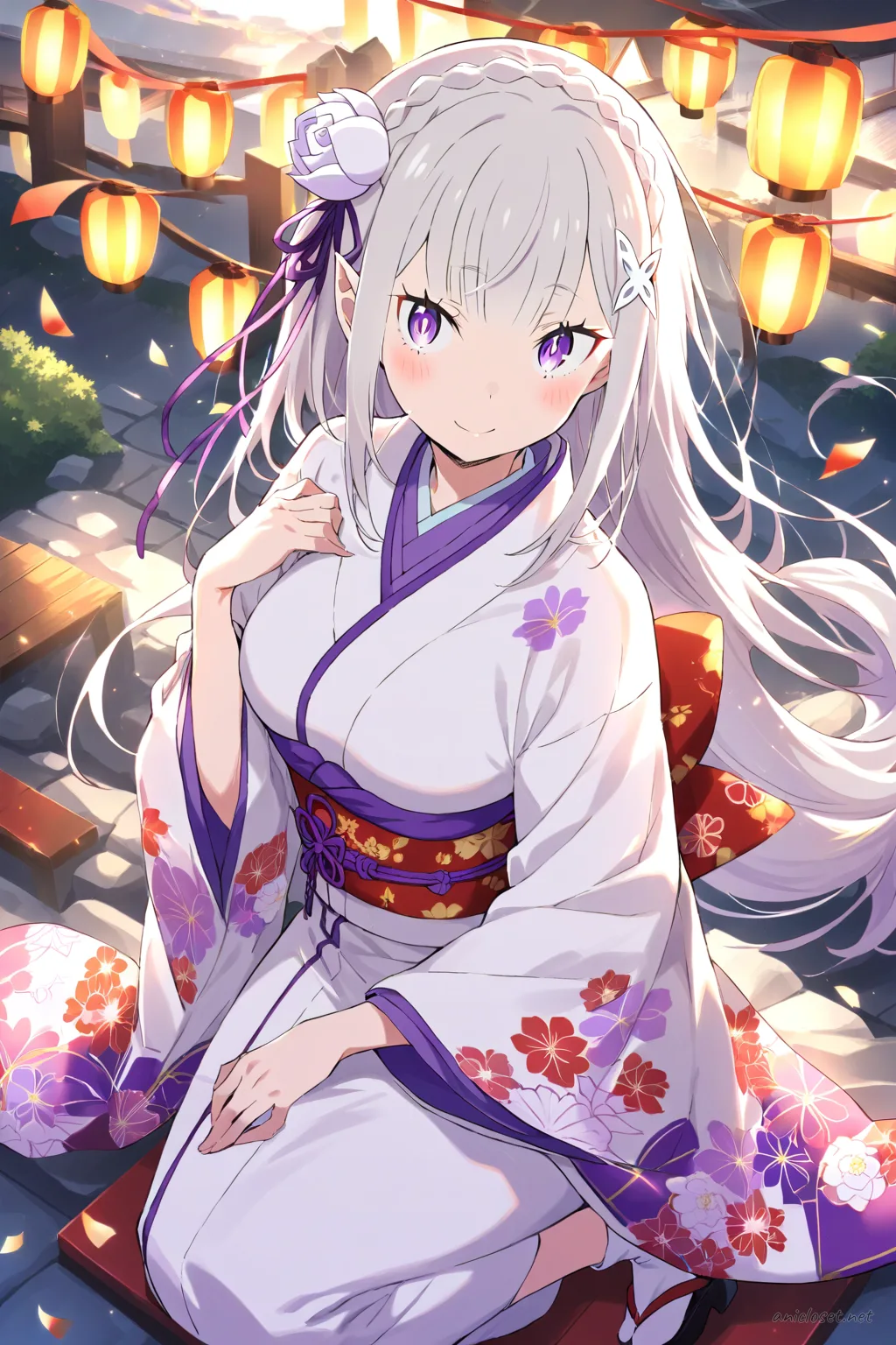 Full-body three-quarter view of Emilia wearing a red and white floral kimono with long sleeves, obi sash with decorative knot, white tabi socks, zori sandals, and traditional hair ornaments against a clean studio background