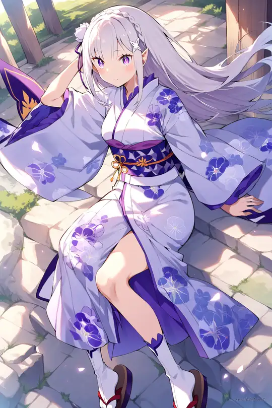 Full-body three-quarter view illustration of Emilia wearing an indigo kasuri kimono with rustic texture, traditional obi belt, white tabi socks, and zori sandals on a clean studio background